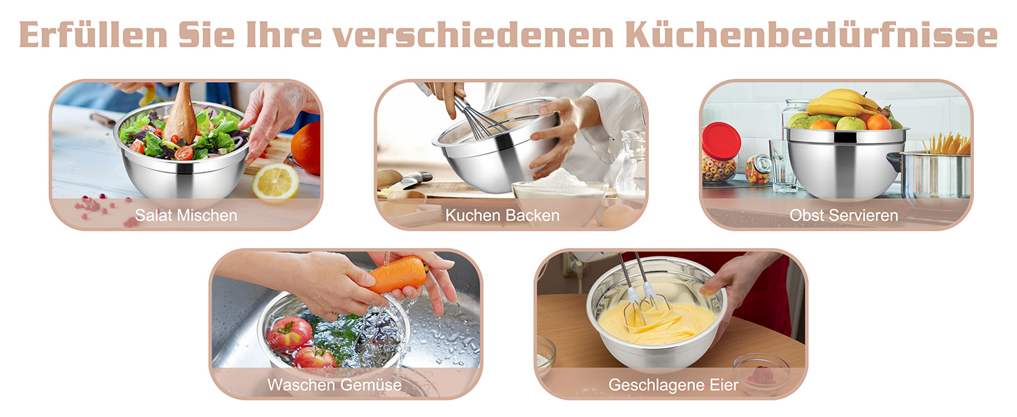 Набір мисок Homikit: 5 мисок з нержавіючої сталі з кришками та силіконовим дном, мультифункціональні, складані, придатні для миття в посудомийній машині, 6.6L / 3.5L / 2.5L / 1.5L / 1L (Хакі, з 3 тертками)