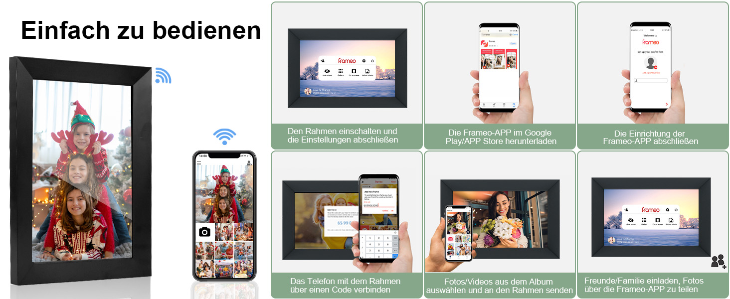 Цифровий фоторамка Veidoo 10.1 дюйма, IPS-сенсорний екран 1280x800, 32GB, для сімейних фото, з Wi-Fi, Frameo App (Чорний)