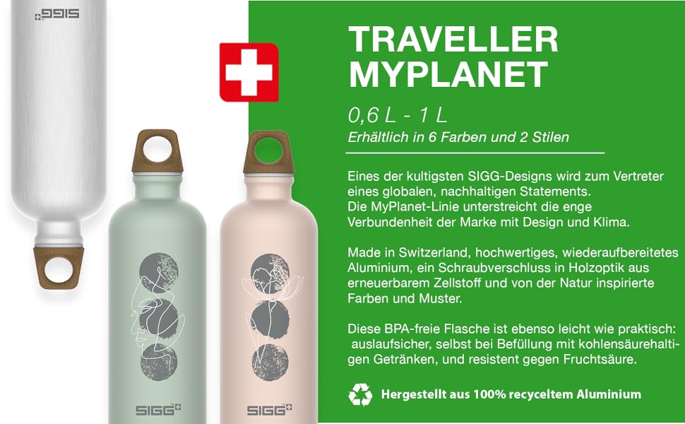 Алюмінієва пляшка для пиття SIGG Traveller MyPlanet-підходить для газованих напоїв-герметичний-Легкий - не містить бісфенолу А-сертифікований з нульовим викидом вуглецю-0,6 л / 1 л Repeat Plain 1 л