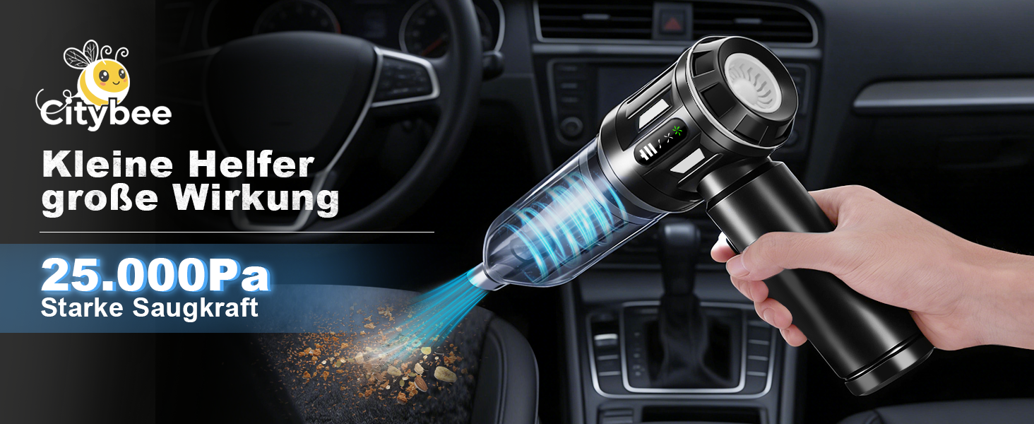 Акумуляторний ручний пилосос Citybee 4 в 1, бездротовий міні-пилосос для авто та дому, 25000Па, безщітковий двигун, 3 режими потужності, для шерсті тварин (чорний)