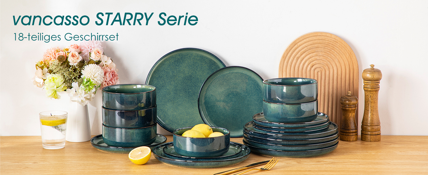 Набір посуду Vancasso Starry на 6 осіб (24 елементи), зелений, кераміка, комплект посуду для обіднього столу