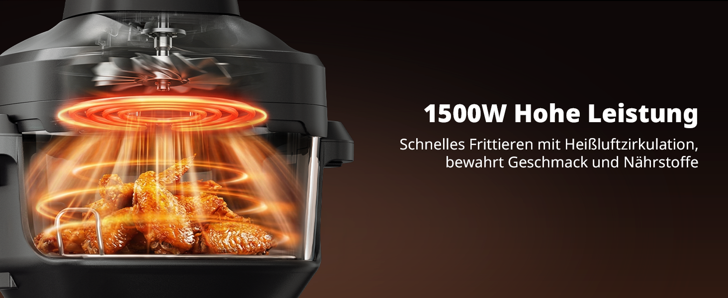 Фритюрниця повітряна AIRMSEN зі скляною чашею, 1500 Вт, 4.5L + 1.2L, 60–230 °C, 4 програми, знімна чаша, для мікрохвильовки та мийки посуду