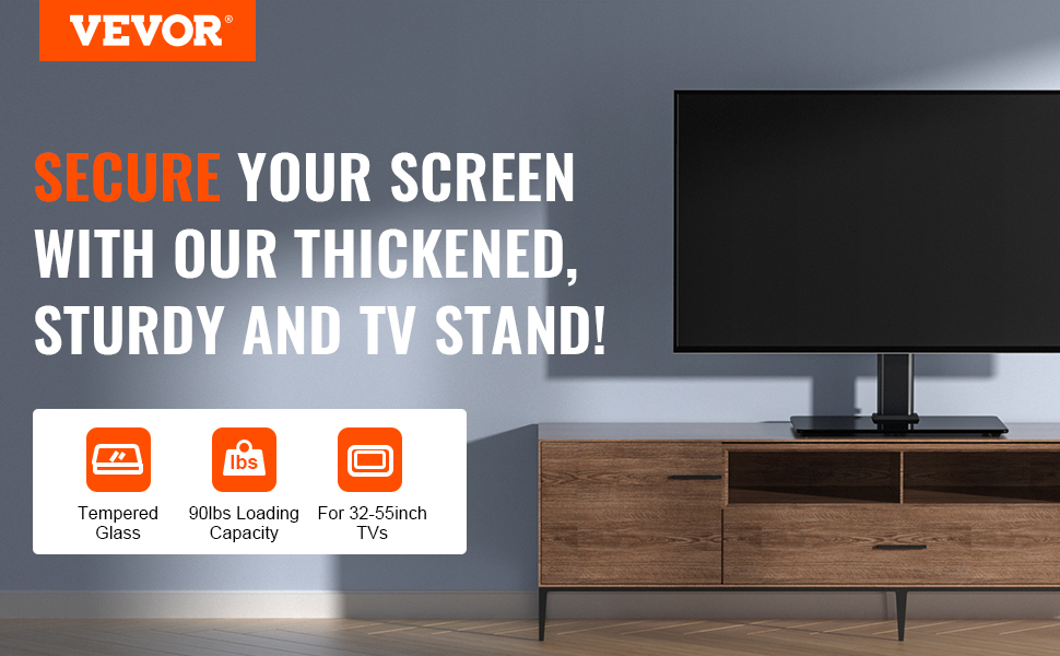 Стійка для телевізора VEVOR поворотна підлогова 32-85 дюймів, чорна. Регульована висота, скляна база. Для вітальні, спальні.