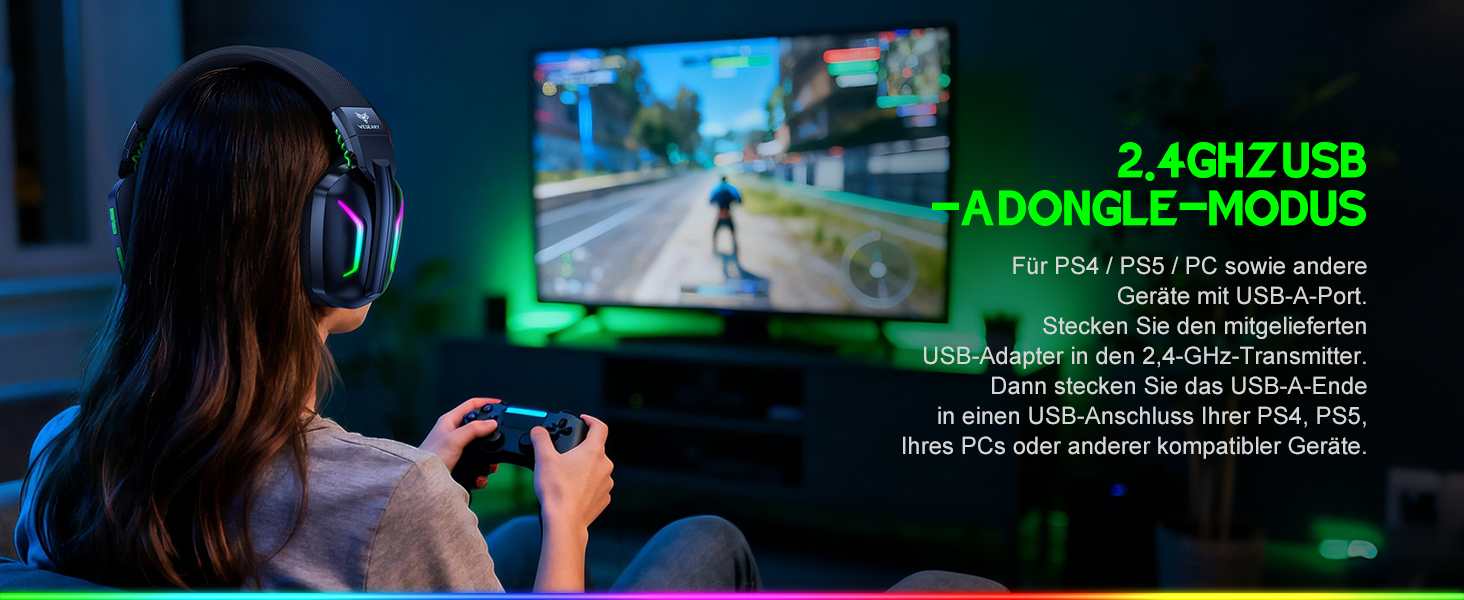 WG1 Bluetooth ігрова гарнітура з мікрофоном, бездротова, 2.4G, для PS5, PS4, PC, Switch, Mac, з LED підсвічуванням, шумозаглушення, 50 годин роботи, Satinweiß (Upgrade-Xbox, Quantum White)