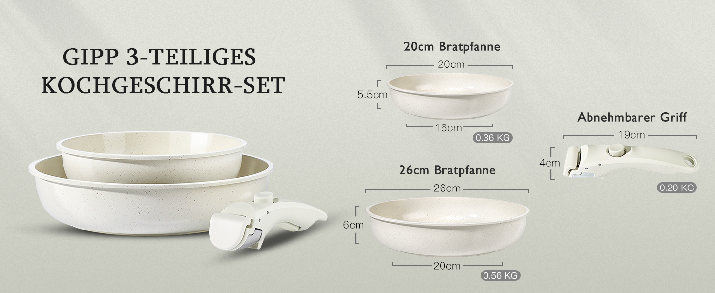 Набір сковорідок GiPP Keramik 3 шт. з знімними ручками, антипригарне покриття, для всіх типів плит, сумісний з індукцією, духовка, без PTFE/PFOA/PFOS, білий