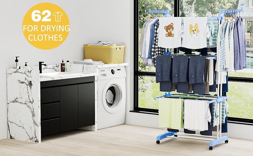 Вертикальна сушарка для білизни SIMPDIY з 6 складаними крилами та колесами, підлогова баштова сушарка для одягу для дому та вулиці, синя