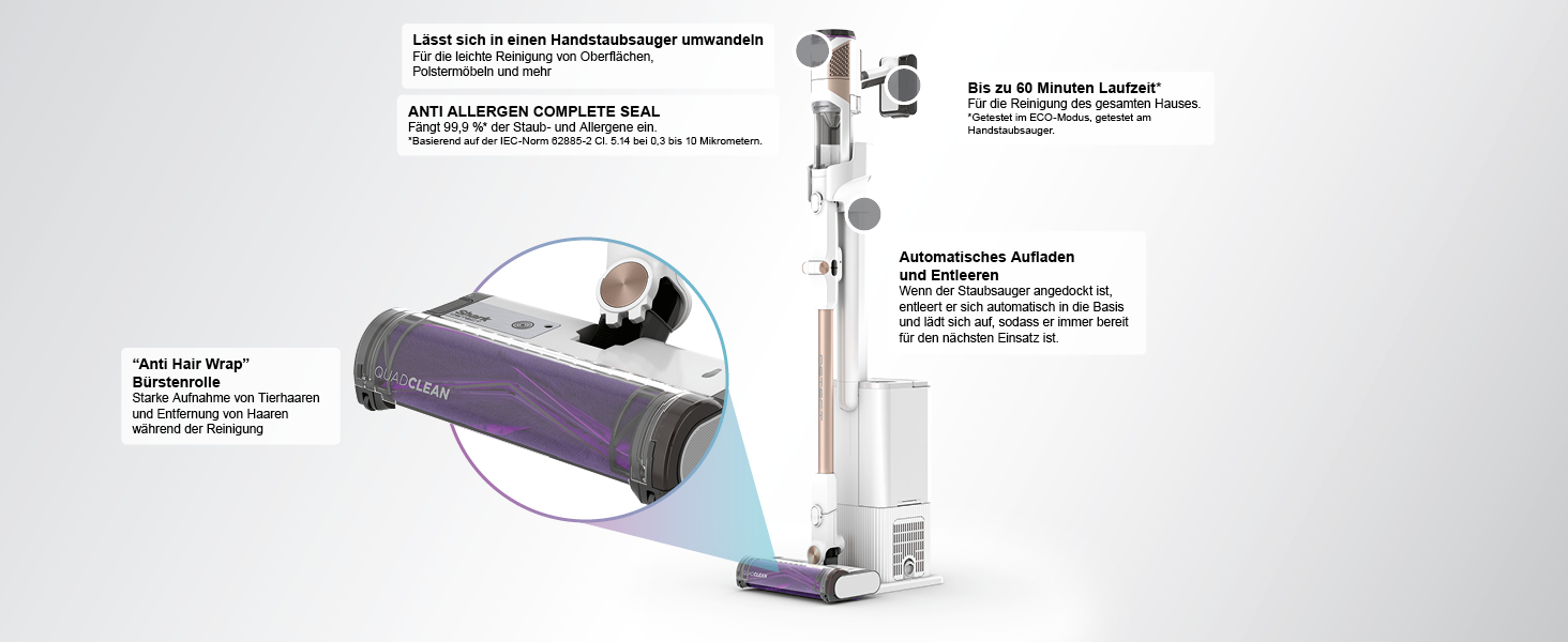 Shark акумуляторний пилосос Clean & Empty з базою самостійного очищення, до 40 хв роботи, бездротовий, для шерсті тварин, килимів та твердих підлог, з LED-підсвічуванням, тихий, білий/блакитний, BU3521EU