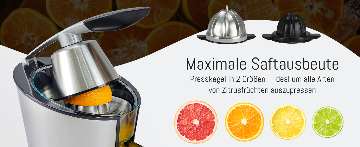 Електрична прес для цитрусових LEBENLANG з нержавіючої сталі, 600W. Включає конус з нержавіючої сталі, не містить BPA. Висока вихідність соку для апельсинів та лимонів. Чорний колір.