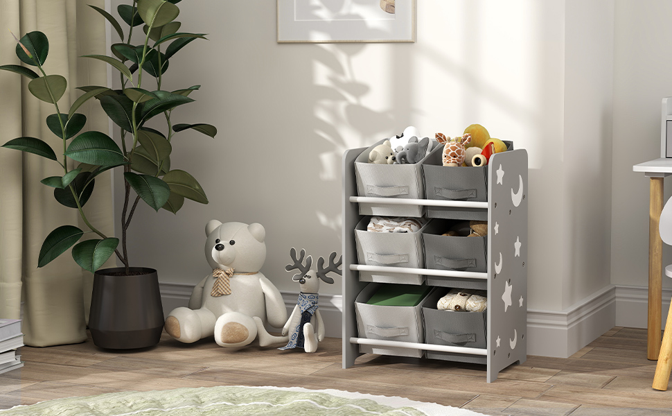 Полиця для іграшок Kinderregal для дітей старше 3 років, сіра, з 6 коробками з фетру, органайзер для іграшок, 43x30x60 см