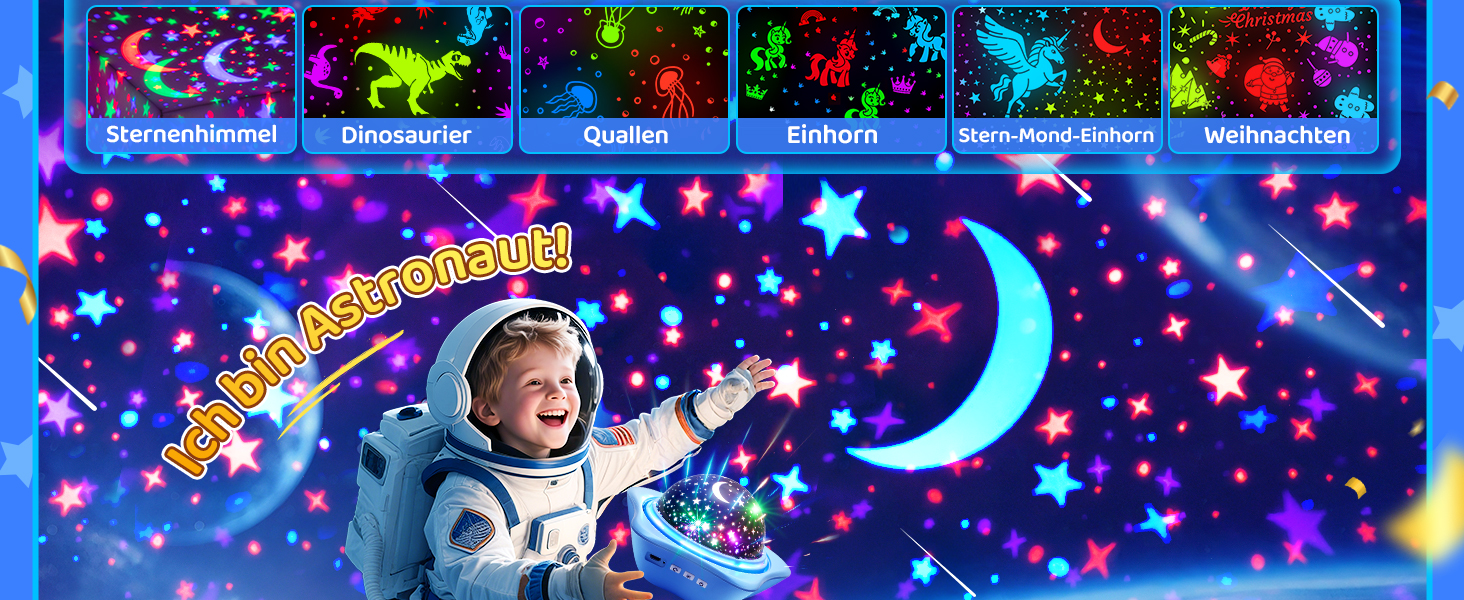 Проєктор зоряного неба One Fire Sternenhimmel для дітей: 96 режимів + 6 фільмів, нічник, обертання 360°, єдиноріг, пульт, 1-9 років, декор кімнати