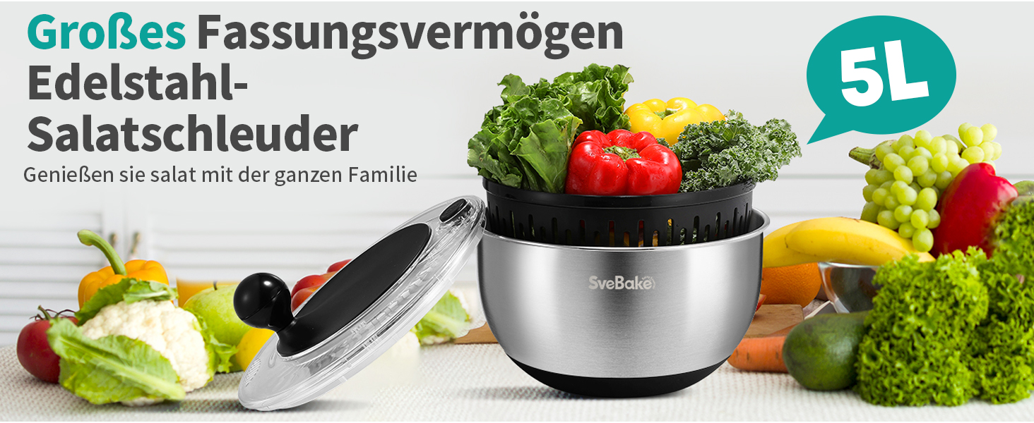 Салатниця-центрифуга 5L з нержавіючої сталі, чорна, з кнопкою стоп, BPA-Free, з прозорою кришкою та дренажним отвором, з протиковзким дном, придатна для миття в посудомийній машині