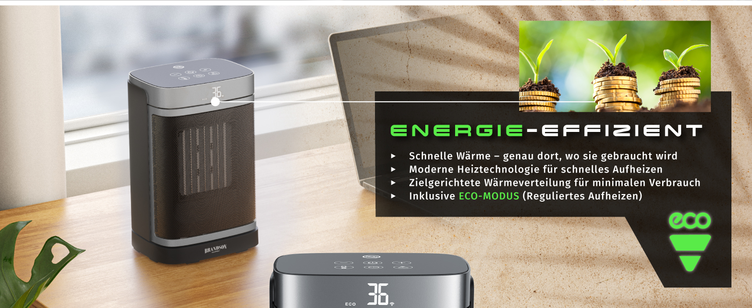 Керамічний обігрівач Brandson з Wi-Fi, тихий, енергозберігаючий, з пультом керування, функцією осциляції, ECO-режимом, дитячим замком та таймером – для ванної, вітальні, офісу, дитячої кімнати