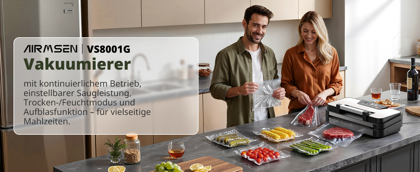 Вакууматор AIRMSEN 95 кПа з функцією підкачки, професійний вакуумулятор для сухих та вологих продуктів, 120 Вт, з відсіком для рулонів, різаком та шлангом, подвійний шва 2x3 мм