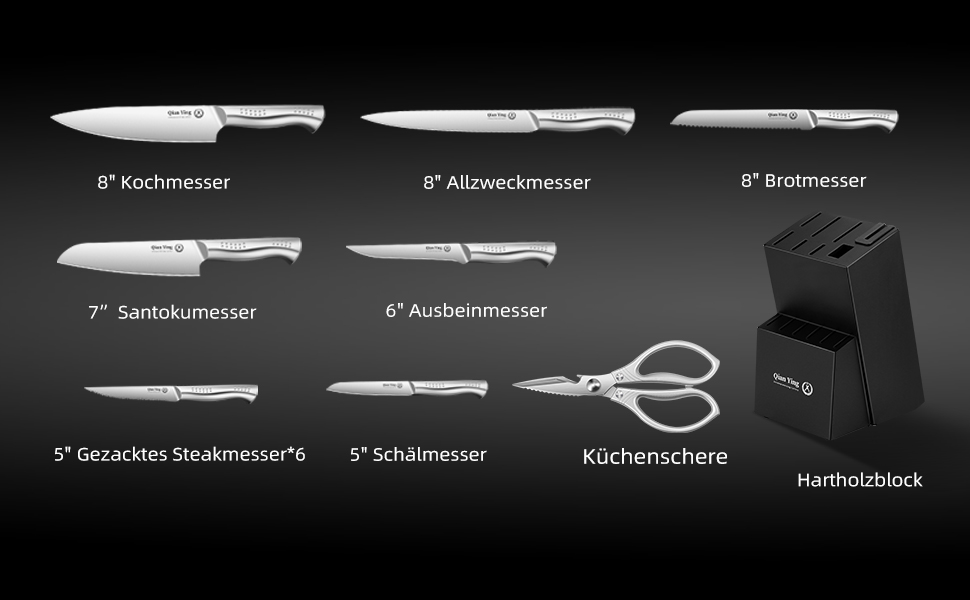 Набір кухонних ножів 14 предметів у блоці: кухонні ножі, ніж кухарський, шліфувальник, подарунок мамі. Білий набір ножів
