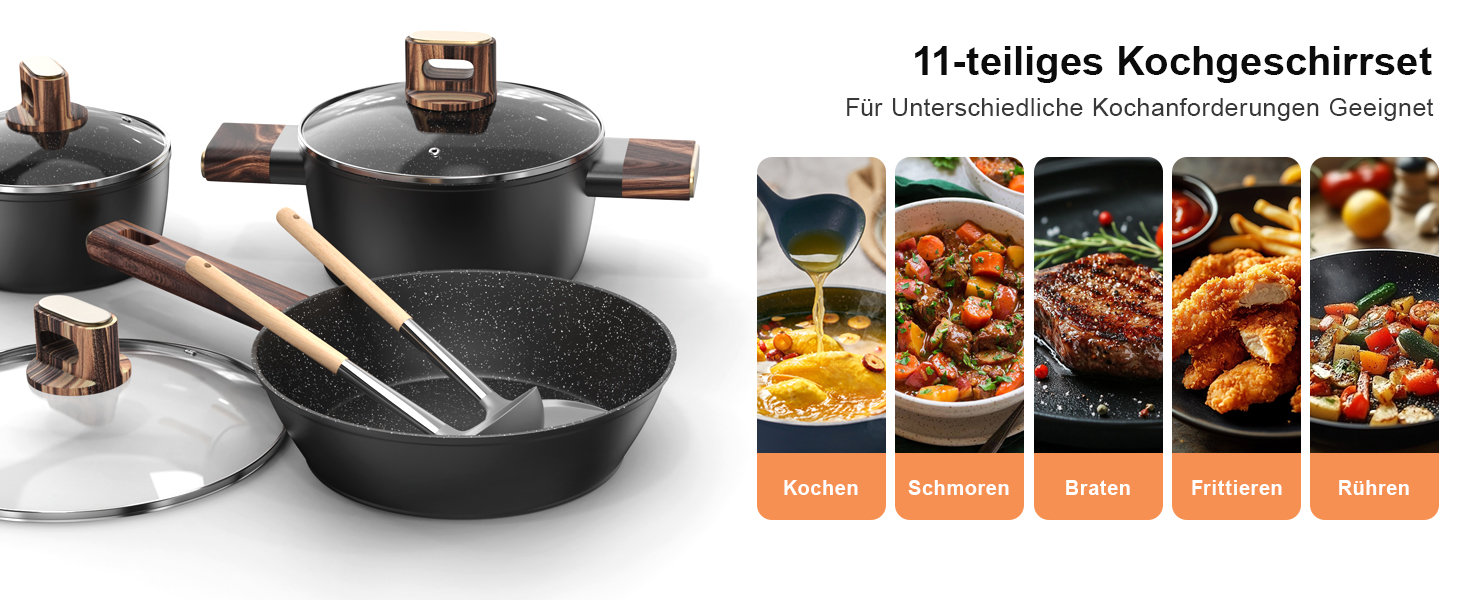 Набір каструль та сковорідок Topbooc 11 предметів: каструлі з нержавіючої сталі з кришкою 16/20/24 см, сковорода 20/28 см, глибока сковорода 24 см, антипригарне покриття, для індукційних плит, PFOA та PFOS-free, з алюмінію