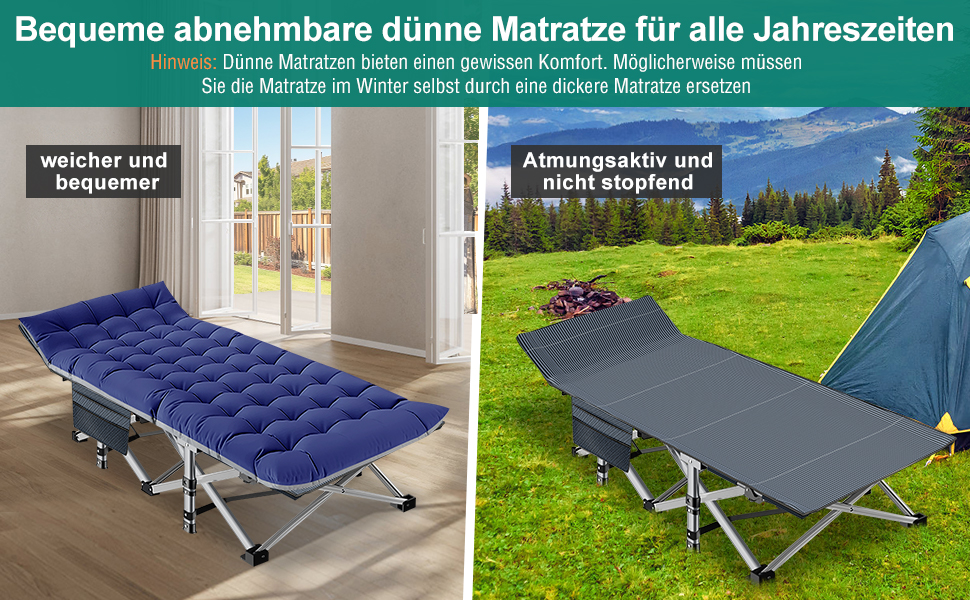 Розкладне кемпінгове ліжко з матрацом та кишенями, сталевий каркас, навантаження до 200 кг, 190x71x36 см, синій