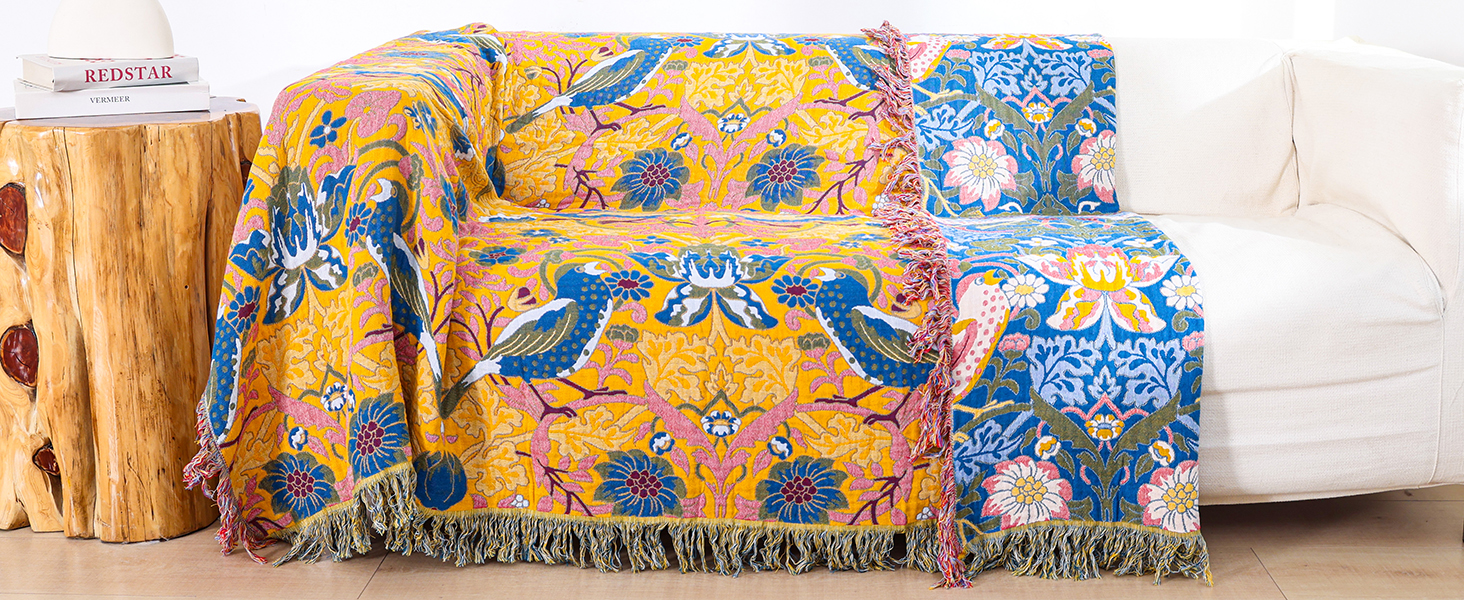 Плед Boho з 100% бавовни, стиль кантрі, 150х200 см (Птахи та квіти)