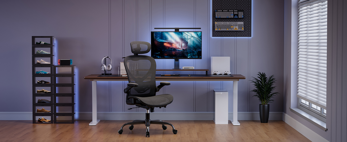 Офісне крісло LarkLeaves з ергономічною підтримкою спини, регульованими підлокітниками, сітчастою спинкою та підголівником, для офісу, навчання, бібліотеки, 140 кг, (Чорний, Lite)