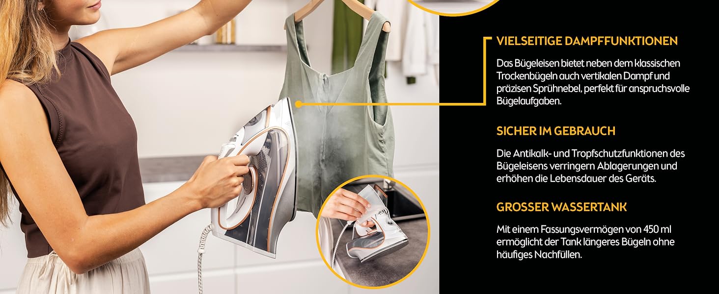 Відпарювач TZS First Austria I 2800-3200W з керамічною підошвою | Самоочищення, вертикальний пар, антинакип | 0,45л, 1.3кг, білий/мідний