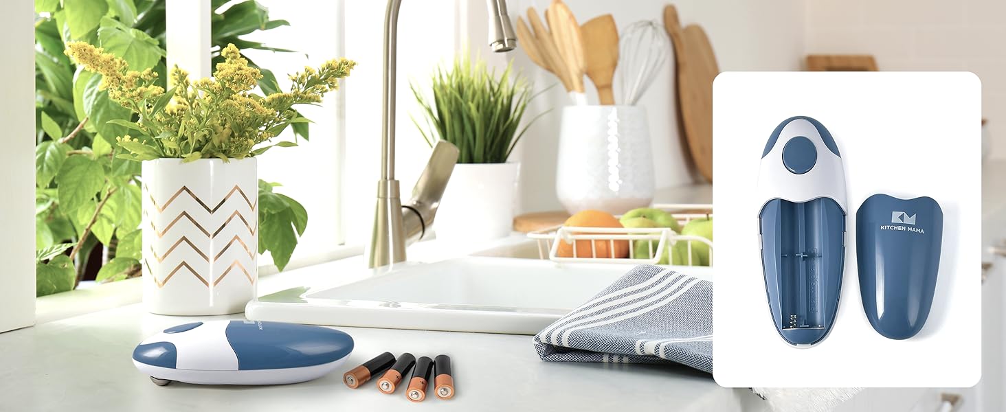 Електричний відкривач банок Kitchen Mama 2.0: автоматичний, бездротовий, з гладкою кромкою, харчовий, Blaugrau