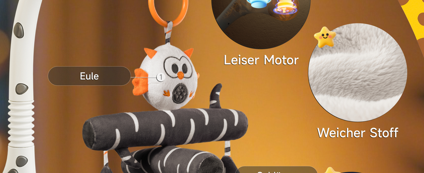 Мобіль для дитячого ліжечка TUMAMA для малюків 0-6 місяців з нічником, проєктором, музикою та білим шумом, чорно-біле іграшкове звірятко для підвішування