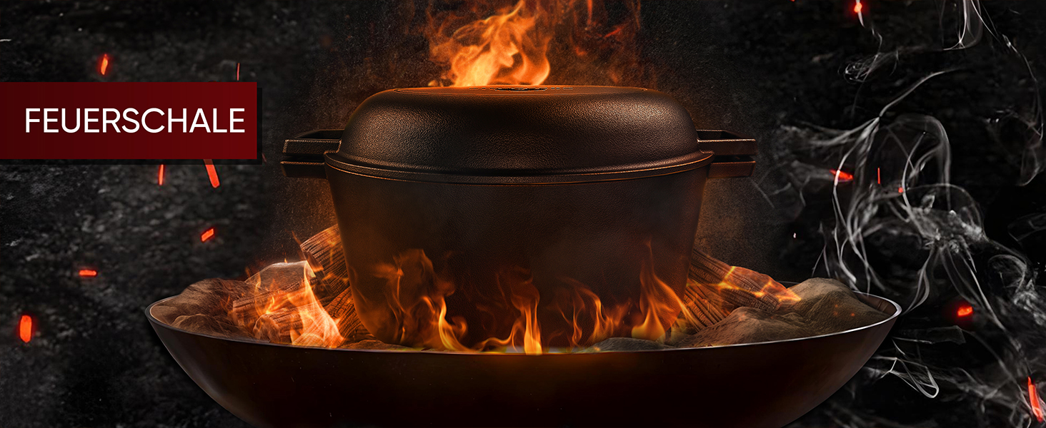 Голландська піч 2в1 з чавуну, 4.8л + сковорода з чавуну 1.8л - набір посуду для приготування, BBQ, кемпінгу та кухні. З кулінарною книгою та аксесуарами. 30 років гарантії. Чорний колір.