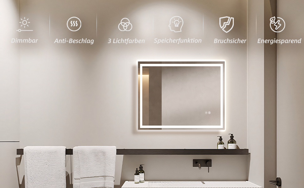 Дзеркало для ванної кімнати HySail з підсвічуванням, 80x60 см, 5 мм, антизапарник, сенсорне керування, 3 кольори світла, диммування