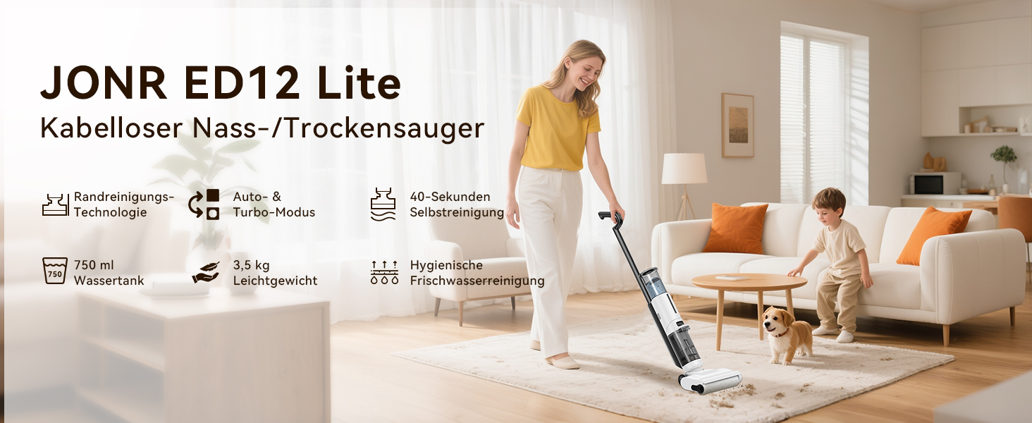 Акумуляторний пилосос 2-в-1 JONR ED12 Lite White: миття та сухе прибирання, самоочищення, для твердих поверхонь та шерсті тварин, 850 мл