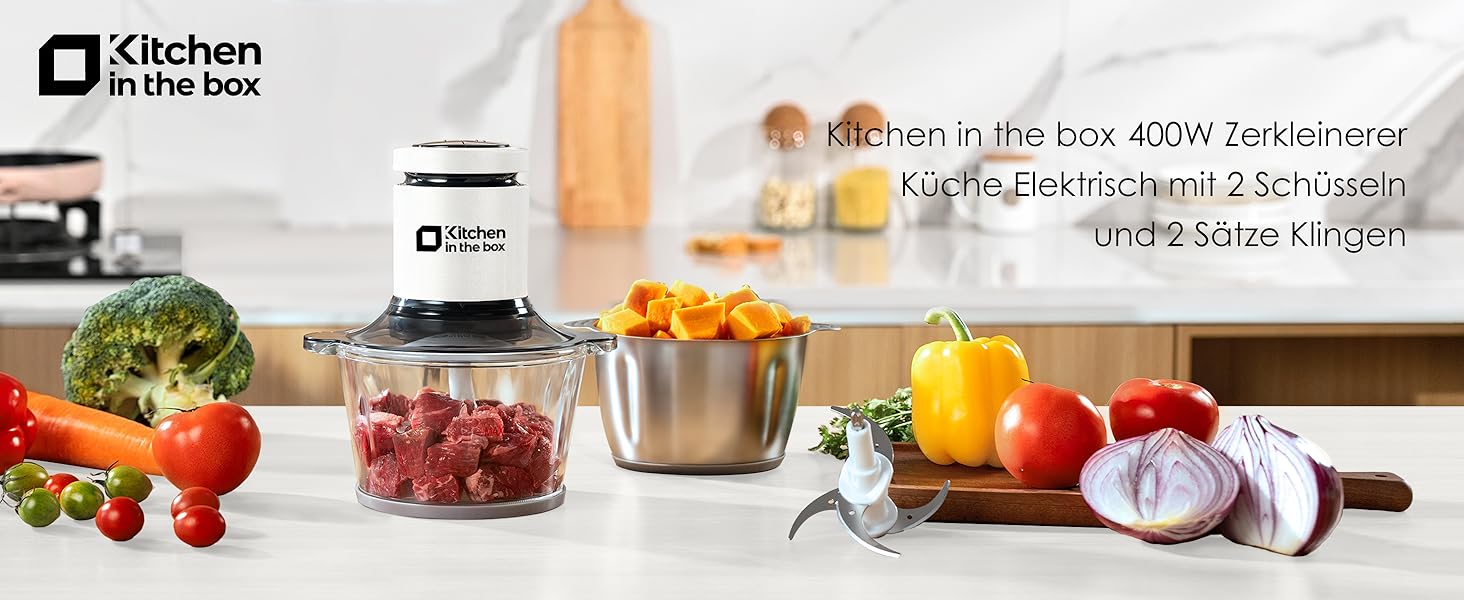 Електричний подрібнювач Zerkleinerer 400W з двома чашами 2л + 2л та двома лезами з нержавіючої сталі для м'яса, овочів, фруктів - білий