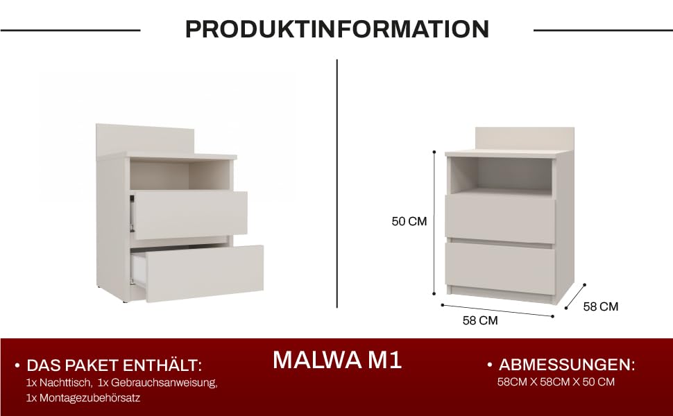 Тумбочка CDF M1 Malwa, чорна Ідеально підходить для спалень Простий монтаж Два грифони. Ящики