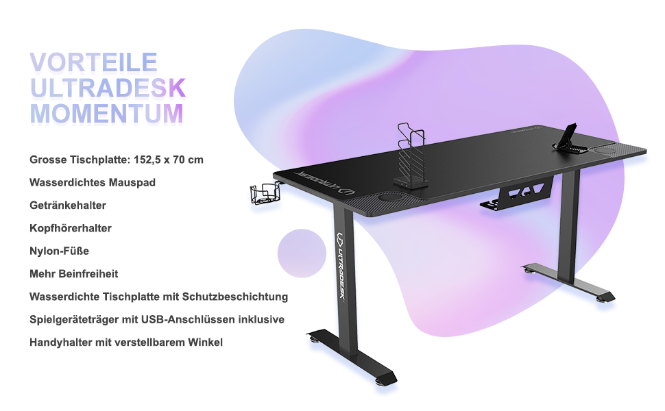 Ігровий стіл ULTRADESK Momentum, килимок розміру XXL, підставка для мобільного телефону, підстаканник, до 130 кг, чорний, 152.5x70 см