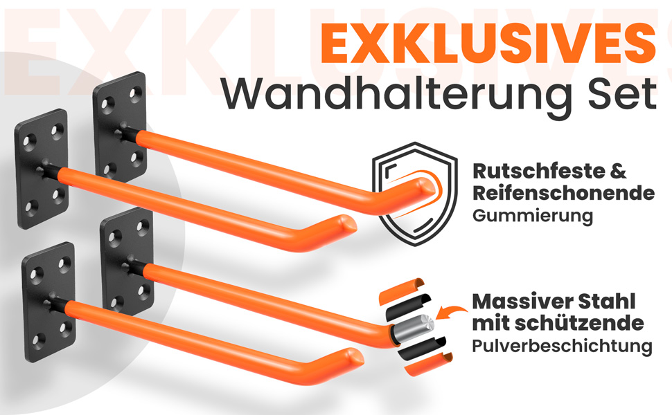 Набір кріплень для шин на стіну JK Trade® (4 шт.) з комплектом гвинтів та дюбелів. Захист для коліс, гачок для кріплення шин, садового інвентарю, легкосплавних дисків. Макс. навантаження 40 кг (Помаранчевий V1)