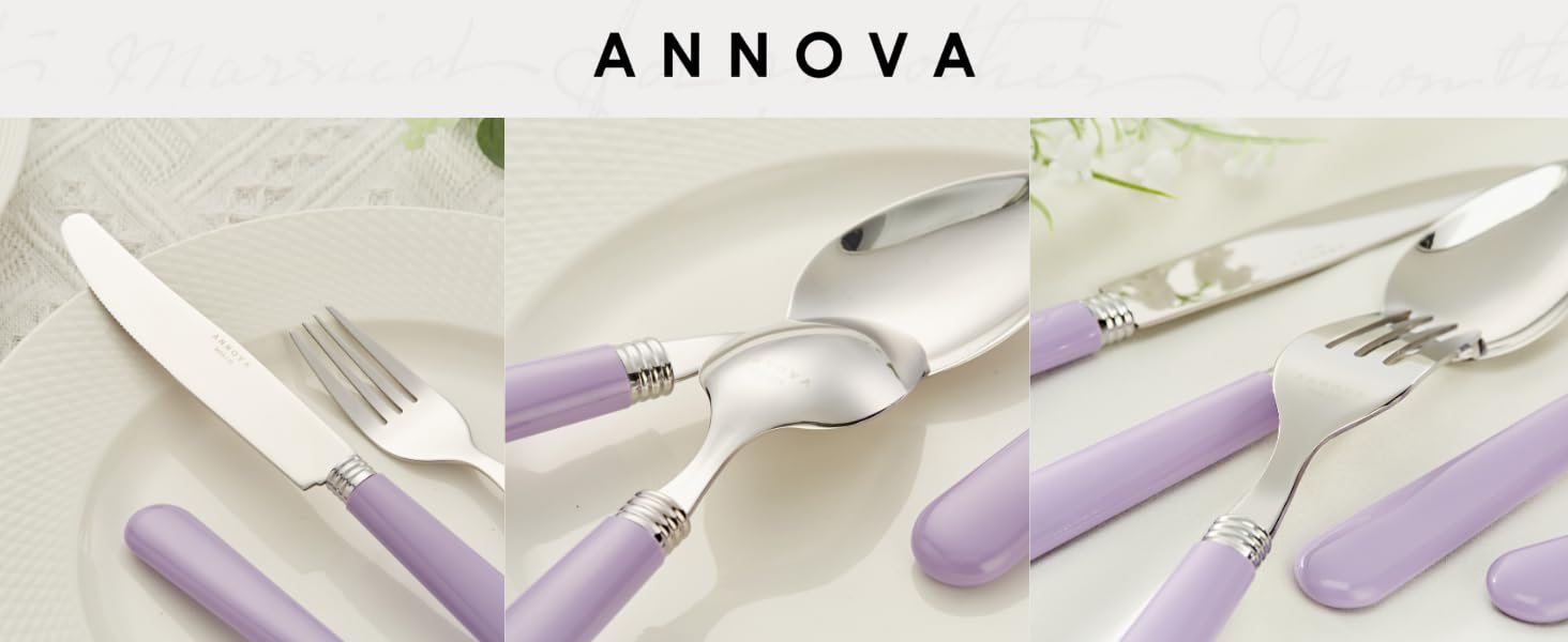 Набір столових приборів ANNOVA Retro Rivet (20 предметів) з нержавіючої сталі: виделки, ложки, ножі, салатні прибори, десертні ложки, фіолетовий