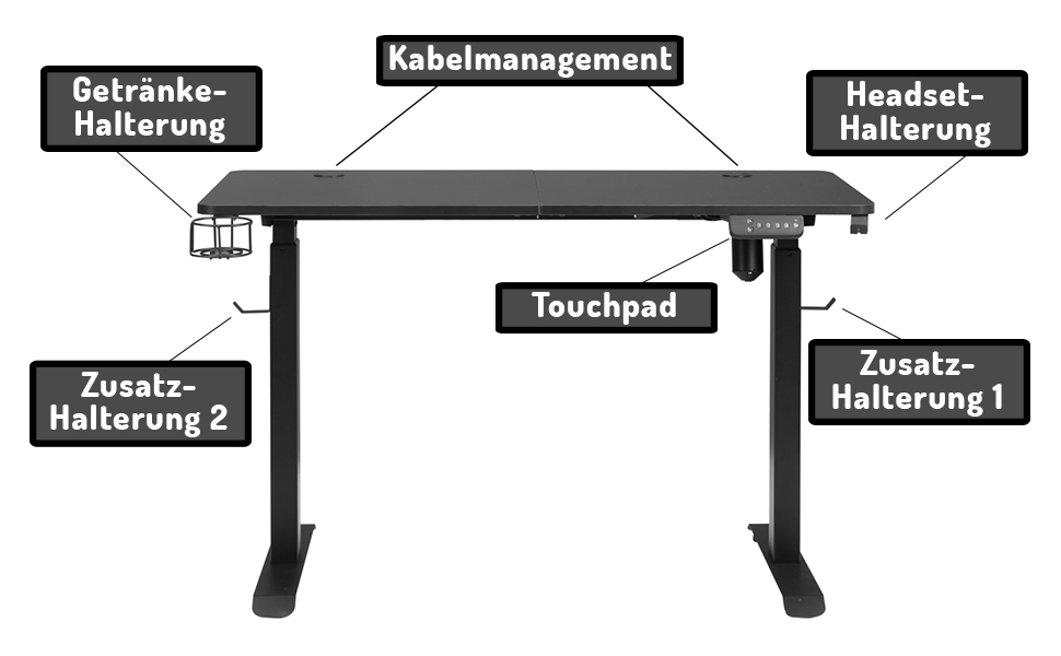 Стіл Makika з регулюванням висоти - електричне плавне регулювання висоти з 4 тримачами для навушників з керуванням пам'яттю Тримач для навушників Тримач для чашок Управління кабелями - Ігровий комп'ютерний стіл в (140 x 70 см, чорний)