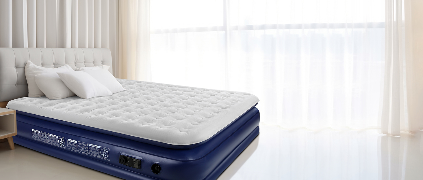 Надувна ліжко 152x203 см для 2 осіб з електричним насосом | Гостьове ліжко та для кемпінгу | Надувне ліжко блакитно-біле