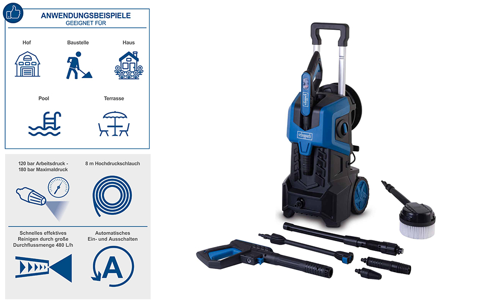 Високотискний мийник Scheppach HCE3000: 180 бар, 8м шланг, 2400W, регульований струмінь, контейнер для миючих засобів