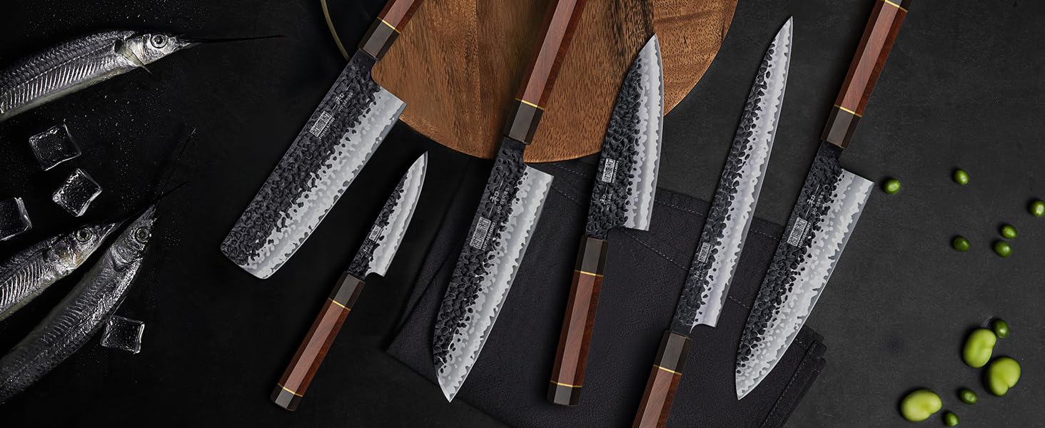 Японський ніж Сантоку HOSHANHO 18 см, ручна ковка, з високоякісної сталі, ергономічна ручка, подарункова коробка (набір 3 ножі)