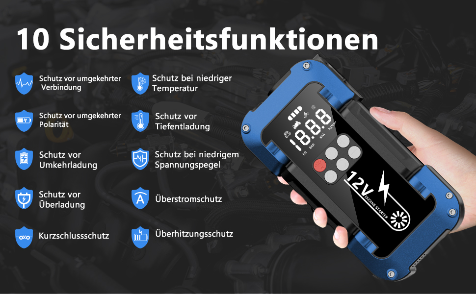 Портативний пусковий пристрій Starthilfe Powerbank з компресором 150PSI, 4000A, 12V для автомобілів та 8.0L дизель, 26800mAh, 4-в-1 з LED-ліхтариком та LCD дисплеєм