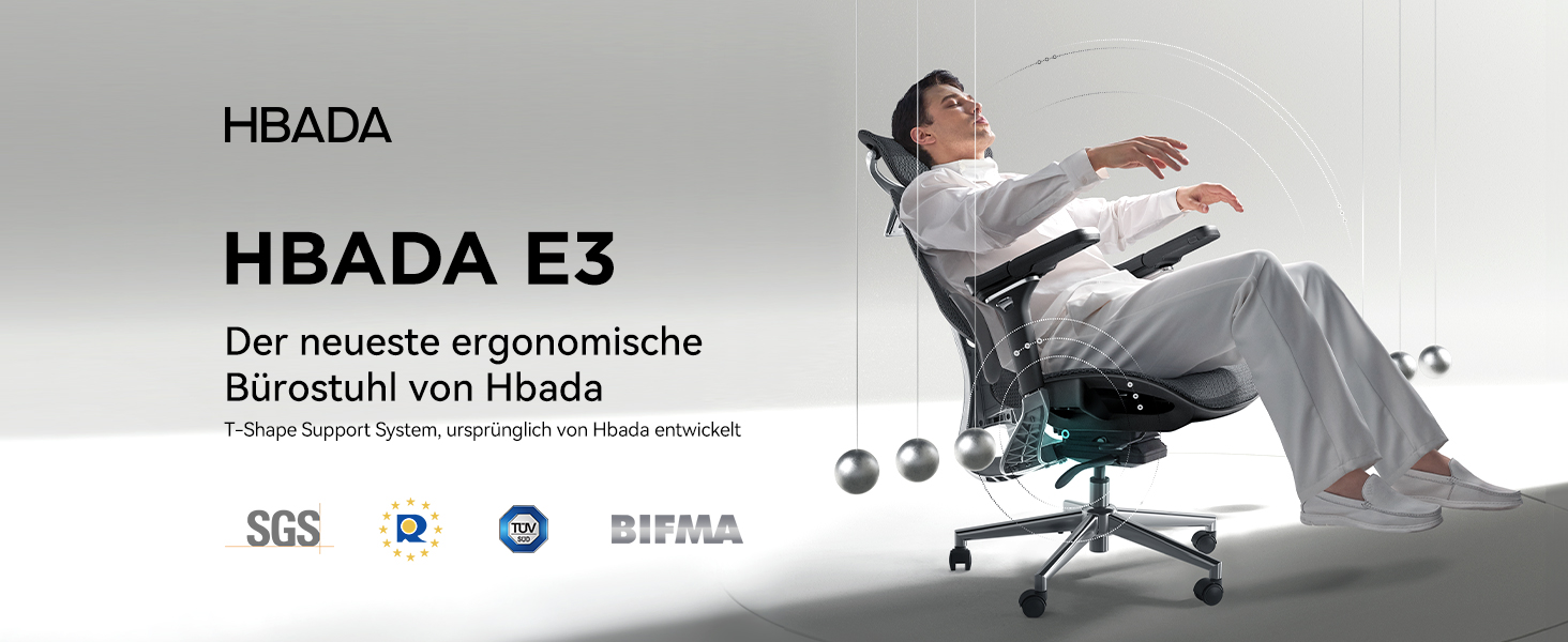Офісне крісло Hbada E3 Pro з ергономічною 3-зонною динамічною поперековою підтримкою, 4D регульованим підголівником і 6D підлокітниками, чорне