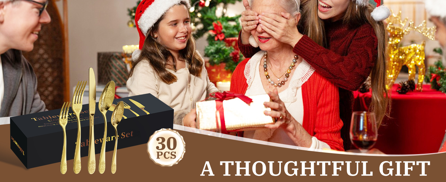 Набір столових приборів DRAGON RIOT Gold 30 предметів, нержавіюча сталь, для 6 осіб, з ножем, виделкою, ложкою. Підходить для дому, ресторану, вечірки.