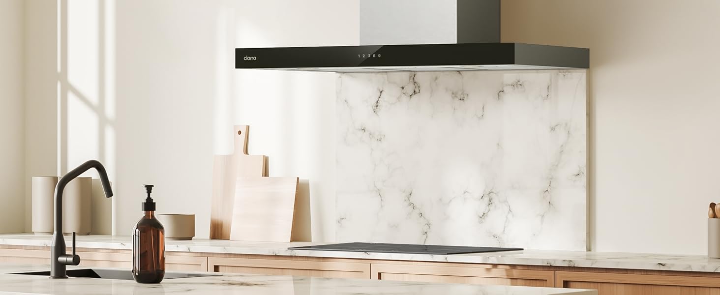 Витяжка кухонна CIARRA CBCS9102 A+++ 90 см, нержавіюча сталь, 650 м³/год, з вугільним фільтром CBCF003, сенсорне керування, настінний монтаж