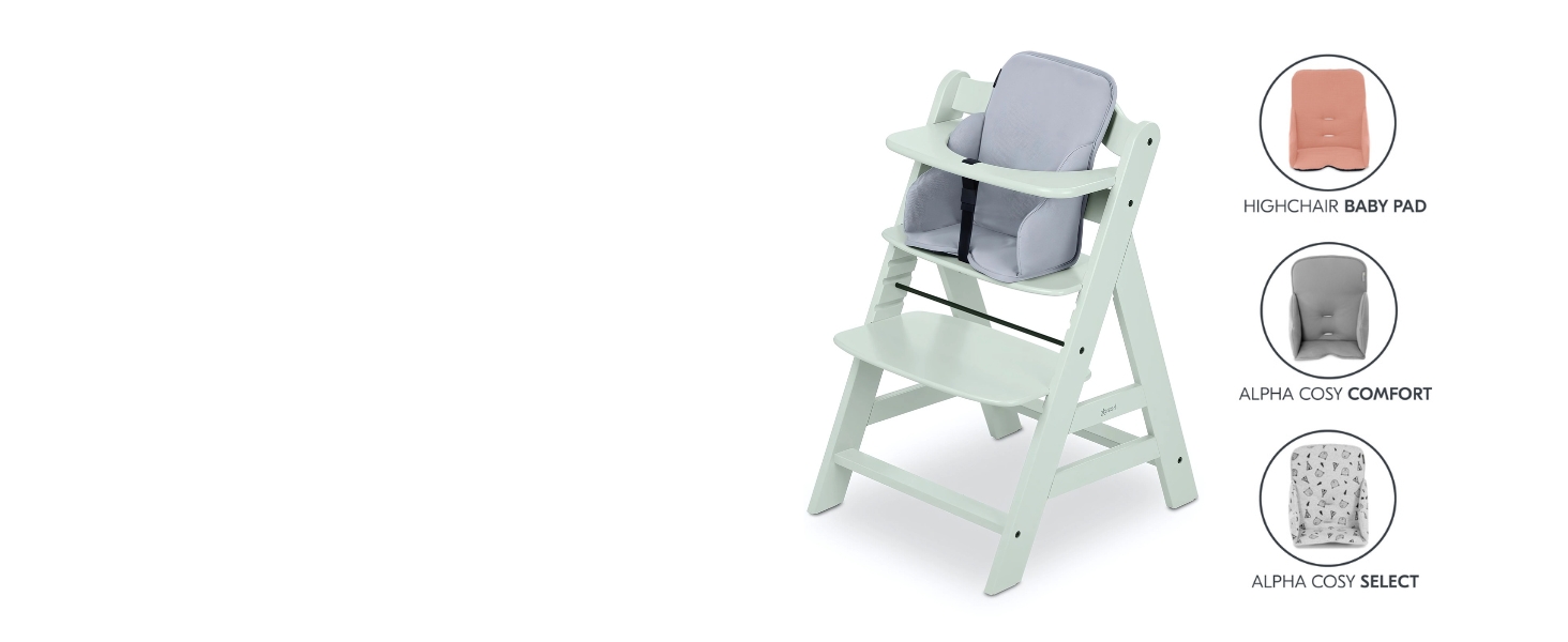 Дитячий високий стільчик Hauck Alpha+ Newborn Set з 2in1 гойдалкою - Зростаючий дерев'яний стільчик для годування з народження, з подушкою та гойдалкою для новонароджених - М'ятний Classic Mint