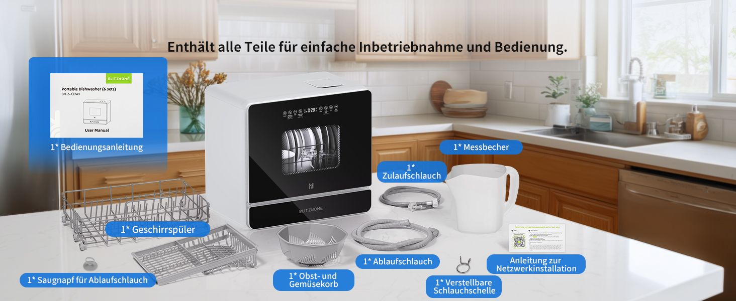 BLITZHOME Міні посудомийна машина: портативна, 9 програм, 5.2L, з керуванням через додаток