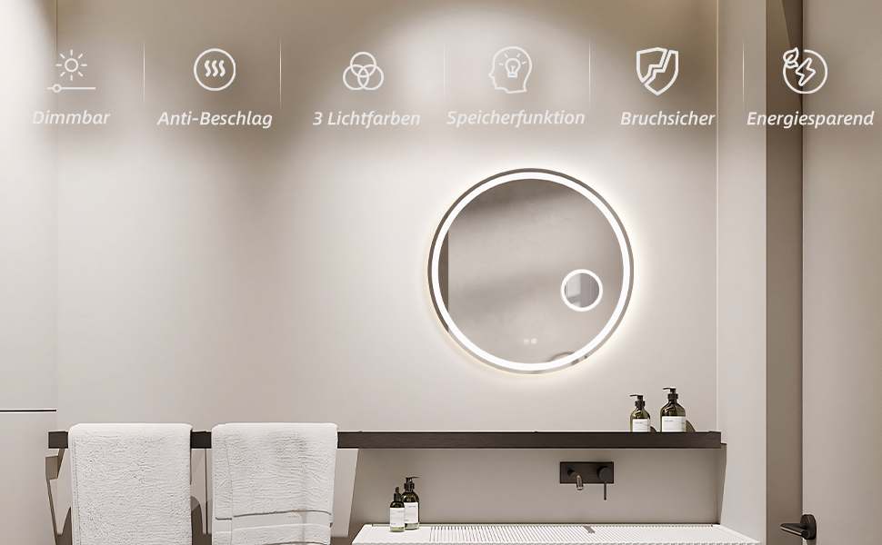 Дзеркало для ванної кімнати HySail з підсвічуванням, 5 мм, висока роздільна здатність, срібне покриття, 3 колірні температури та регульована яскравість, настінне дзеркало з сенсорним вимикачем та антизапарюючим покриттям, кругле (80x80 см)