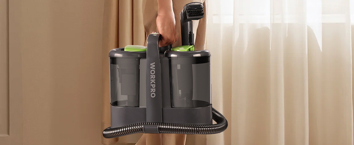 WORKPRO Мийний пилосос 450W 13kPa, 1.6L з миючим засобом та 2 насадками, для килимів, диванів, авто