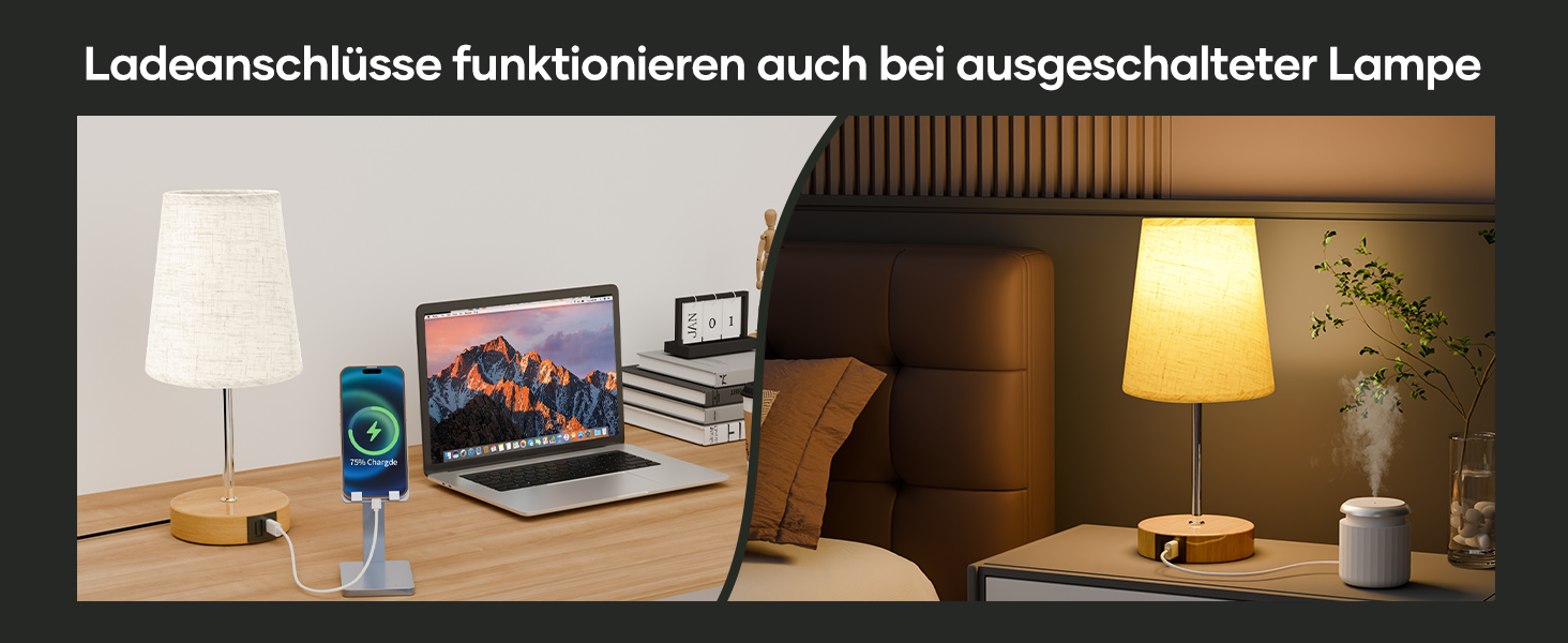 Настільна лампа Suright з торшером з льону, USB-портами A+C, регулюванням яскравості, дерев'яним цоколем, для спальні/вітальні (LED-лампочка в комплекті), бежева