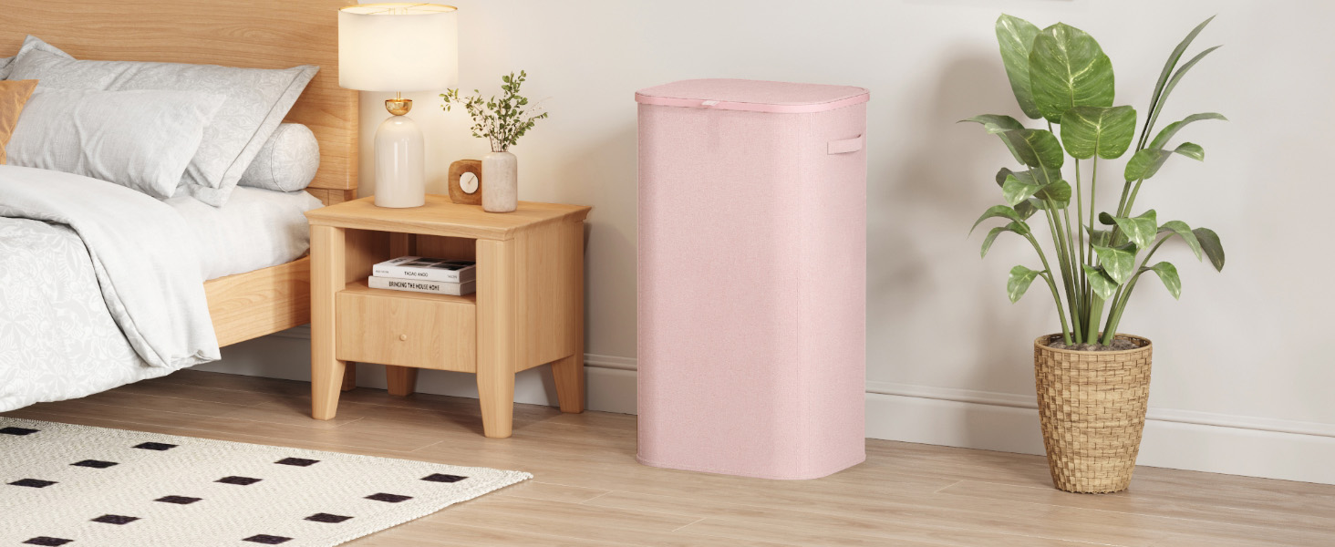 Кошик для білизни з кришкою Lifewit, 105л, рожевий, з міцним пластиковим каркасом, великий, складний, для спальні, ванної кімнати