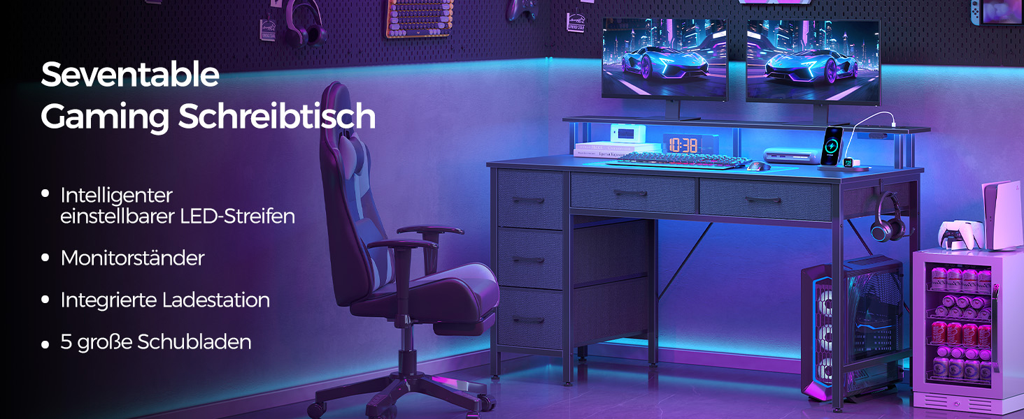 Комп'ютерний стіл Seventable з розетками та LED-підсвічуванням, 100 см, ігровий стіл з 5 ящиками та підставкою для монітора, для офісу, робочого кабінету, спальні, вітальні, чорний