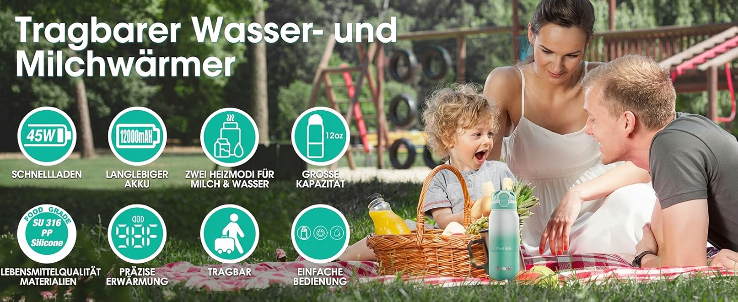 Портативний підігрівач пляшечок для дитини, швидкий нагрів, акумулятор 12000mAh, 2 режими нагріву (молоко/вода), об'єм 355мл, кришка з трубочкою