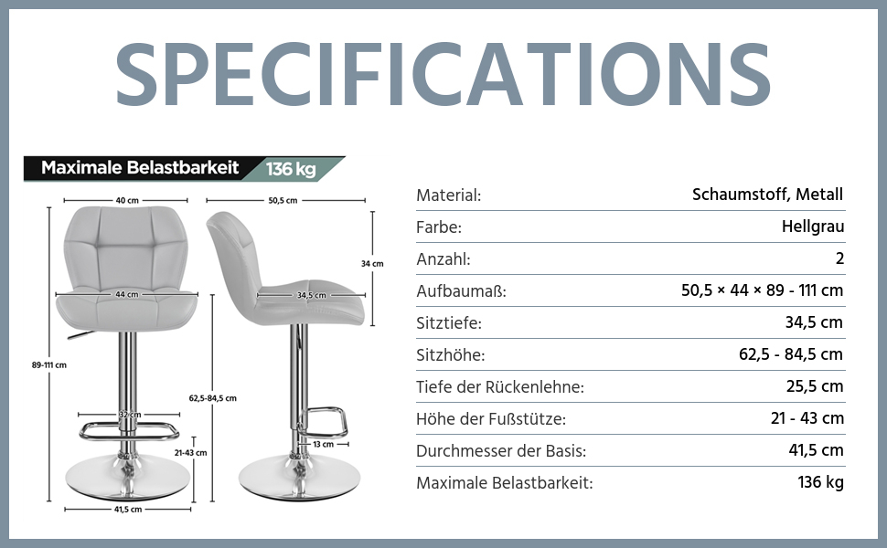 Барні стільці Yaheetech 2 шт. регульовані по висоті, обертаються на 360°, з підніжками та спинкою, з PU-шкіри, сірі (2 шт.)